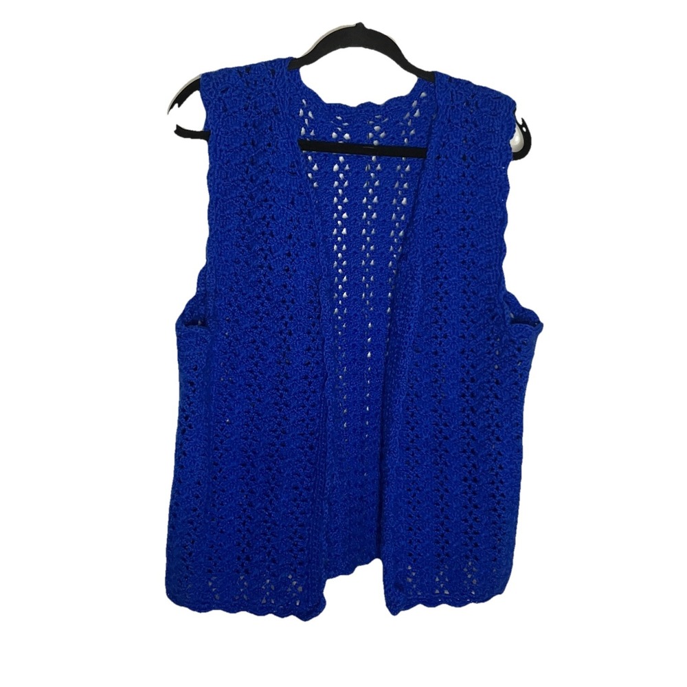Vintage Royal Blue Crochet Vest Open Front Scalloped Boho Shell Knit Cardigan